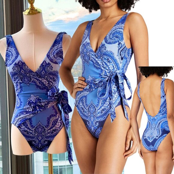 🆕 ZIMMERMANN 🧿 NWOT Wrap-Effect Paisley Print 1PC Swimsuit, Purple, Sz US 2/4 - Picture 1 of 16